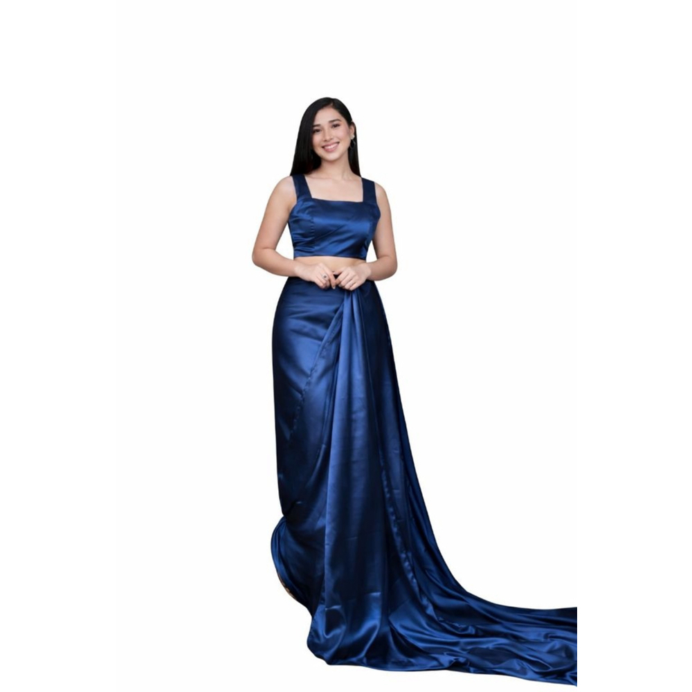 1 Minute Pre-Pleated Pure Satin Saree | Navy Blue - Pit to Pit 20 inches